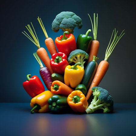 An artistic composition of various fresh vegetables, including carrots, broccoli, bell peppers in multiple colors, zucchini, and a purple eggplant. The produce is arranged in a visually appealing cascade against a dark blue gradient background, highlighting their textures and vivid colors.の素材