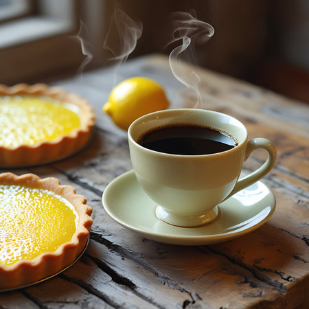 Two golden lemon tarts with fluted crusts are arranged on a rustic wooden surface. A light yellow coffee cup filled with dark, steaming coffee sits centrally on its saucer. Wisps of steam rise from the hot beverage. A whole lemon is placed between the tarts and the coffee cup, adding a touch of citrus to the composition.の素材