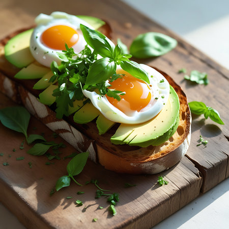 This image features two slices of toasted bread, each generously topped with creamy avocado slices and a perfectly poached egg. The yolks of both eggs are runny, with vibrant orange liquid flowing down. A mix of fresh green herbs, including basil and parsley, is artfully arranged on top, providing a fresh and appetizing look. The toasts are presented on a rustic wooden board, bathed in warm natural light that highlights the textures and colors of the ingredients.の素材