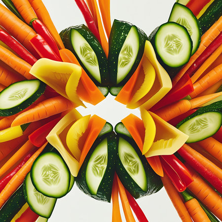An overhead view showcases a dynamic radial arrangement of fresh, cut vegetables on a white surface. Whole carrots and vibrant red chili peppers are prominent, alongside sliced cucumbers and colorful bell pepper pieces in yellow and orange. The arrangement highlights the fresh textures and vivid colors of the produce.の素材