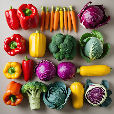 A diverse collection of fresh vegetables is arranged in a visually appealing manner on a muted background. The display includes red and yellow bell peppers, red and green cabbage, broccoli florets, carrots, and yellow squash. The vegetables are presented in a combination of rows and clusters, highlighting their individual shapes and colors. This image is ideal for themes related to healthy eating, fresh produce, and culinary inspiration.の素材