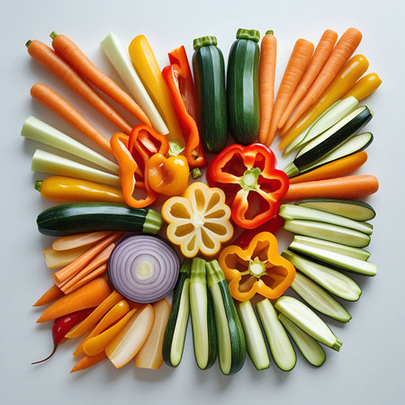 A top-down view showcases a circular arrangement of freshly cut vegetables on a white background. Sliced carrots, zucchini, bell peppers in red, yellow, and orange, and red onion form a colorful mosaic. Some vegetables are cut into decorative shapes, adding an artistic touch.の素材