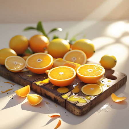 A variety of citrus fruits, including whole oranges, lemons, and sliced pieces of both, are arranged on a textured wooden cutting board. Pools and droplets of yellow juice are visible, reflecting the bright, natural light. The composition emphasizes the natural beauty and freshness of the fruits.の素材