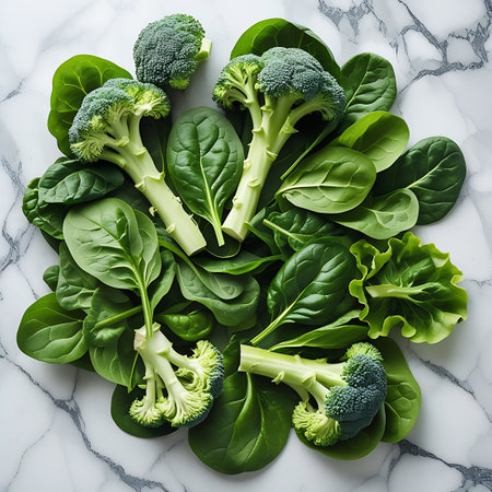 A top-down perspective reveals a lively arrangement of fresh green vegetables on a white marble surface. Several broccoli florets, with their distinct textures, are scattered amongst abundant spinach leaves. A wedge of pale green cabbage adds a contrasting shape and color to the healthy, vibrant composition.の素材