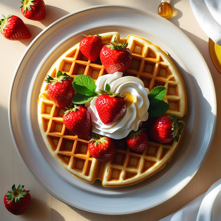 A round, golden waffle with a detailed grid pattern is the centerpiece of this image, placed on a white plate. It's topped with a swirl of whipped cream and several fresh strawberries, along with mint leaves. Additional whole strawberries are scattered around the plate and on the surface beside it, enhancing the visual appeal.の素材