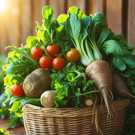 Light showing wicker basket overflowing with fresh garden vegetables and sunbeams keywords: fresh vegetables, garden harvest, wicker basket, tomatoes, parsnips, root vegetables, leafy greens, bok choy, arugula, healthy eating, organic produce, farm fresh, wooden background, sunlight, natural light, rustic, wholesome, ingredients, raw vegetables, bounty, summer harvest description: a close-up shot of a wicker basket filled with a variety of fresh, vibrant vegetables. included are bright red...の素材