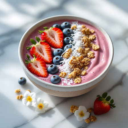 A close-up, angled view of a healthy pink smoothie bowl on a marble surface. The bowl is filled with a vibrant pink smoothie and topped with sliced strawberries, blueberries, granola, and shredded coconut. Several small white flowers and a few scattered blueberries and granola clusters lie on the marble around the bowl, with dappled sunlight casting shadows.の素材