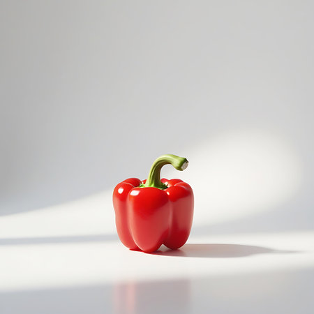 A single, bright red bell pepper rests on a white surface. Light from the side creates soft shadows, emphasizing the pepper's curved form and glossy texture. The image is clean and uncluttered, highlighting the natural beauty of the vegetable.の素材