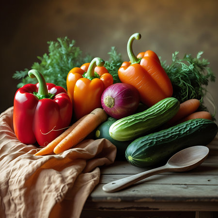 A still life composition featuring a variety of fresh vegetables on a rustic wooden table. The arrangement includes red and orange bell peppers, carrots, a cucumber, a red onion, and dill. A wooden spoon is placed on a beige cloth, and the scene is illuminated by natural light, highlighting the textures and colors of the produce.の素材