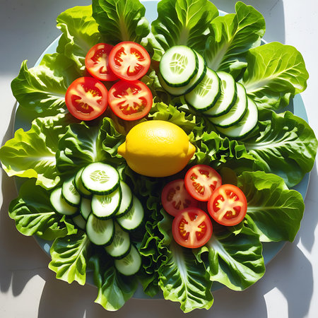 A top-down view of a light blue plate filled with fresh salad ingredients. Crisp green lettuce leaves form the base, with sliced red tomatoes and round cucumber slices arranged artfully around a bright yellow lemon in the center. The natural light casts subtle shadows, enhancing the vibrant colors and textures of the produce.の素材