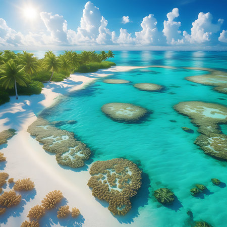 This aerial perspective showcases a stunning tropical island. A vibrant turquoise lagoon with visible coral reefs gently laps against a soft white sand beach. Tall palm trees dot the coastline, casting shadows on the sand. The clear, shallow water offers a glimpse of the underwater world, under a bright blue sky with scattered clouds, creating a perfect vacation destination.の素材