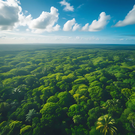 This aerial shot showcases a sprawling, dense green rainforest canopy. The undulating landscape is covered in a thick layer of trees and vegetation, meeting a distant horizon under a sky filled with scattered white clouds. The image highlights the immense scale and vibrant life of the tropical jungle.の素材