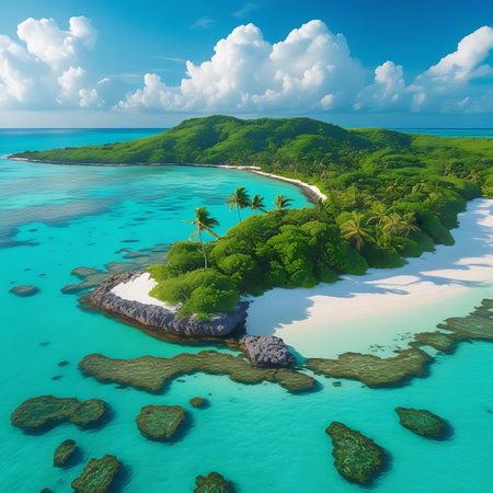 An elevated aerial perspective of a stunning tropical island. Crystal-clear turquoise water laps against a pristine white sand beach, fringed by lush green vegetation and scattered palm trees. Rocky outcrops and coral formations are visible beneath the shallow water, under a bright blue sky dotted with fluffy white clouds.の素材