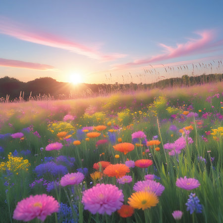 A picturesque scene of a colorful wildflower field during sunset. The meadow is filled with a diverse array of blooming flowers in vibrant hues of pink, orange, yellow, and purple, set against a backdrop of lush green grass. The sky displays soft pastel colors with delicate pink clouds and the sun's warm rays casting a gentle glow over the rolling hills in the distance.の素材