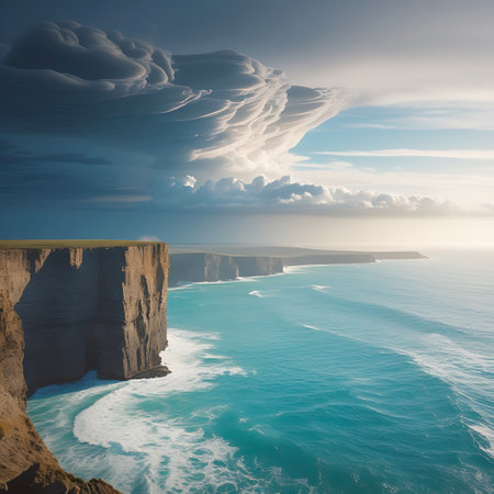 Towering, sheer cliffs of layered rock plunge into a vibrant turquoise ocean. White waves crash against the base, creating sea spray. Above, a dramatic sky features a massive, textured cloud formation, hinting at an approaching storm, contrasting with patches of brighter sky. The scene evokes a sense of raw, natural power and remote beauty.の素材