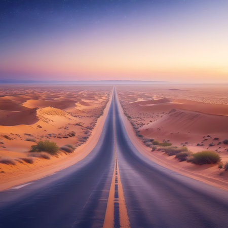 An empty asphalt highway cuts through a sprawling desert of sand dunes, disappearing towards the distant horizon. The sky above is a gradient of deep blue with faint stars, transitioning to soft pastel shades of purple, pink, and orange as twilight deepens. The image captures a feeling of an endless journey in a remote, atmospheric landscape.の素材