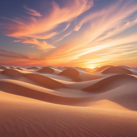 An expansive view of desert sand dunes bathed in the soft light of sunset. The undulating dunes exhibit subtle textures and shadows. The sky is filled with wispy clouds painted in shades of orange, pink, and yellow against a backdrop of blue. The horizon stretches out, conveying a sense of vastness and tranquility.の素材