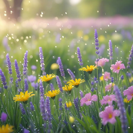 A close-up view of a meadow filled with blooming lavender and small yellow wildflowers. Dew drops glisten on the petals and grass, catching the soft, warm sunlight that filters through the scene. The background is blurred with bokeh effects, creating a dreamy and peaceful atmosphere.の素材