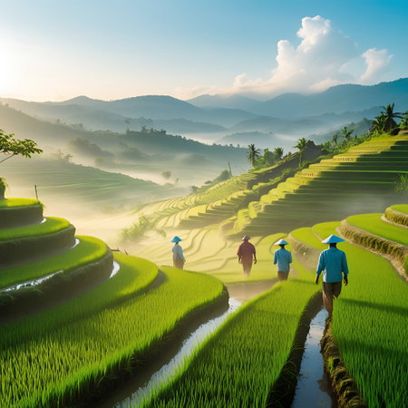 Several farmers wearing traditional conical hats walk along paths through vibrant green, terraced rice fields. The meticulously sculpted terraces cascade down rolling hills, filled with water that reflects the soft morning light. Mist hangs low in the valleys between the mountains, creating a serene and picturesque landscape. The sun is rising, casting a warm glow and highlighting the lushness of the cultivated fields.の素材