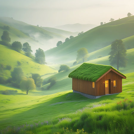 A warm light emanates from the windows and door of a wooden cabin with a vibrant green mossy roof, set against a backdrop of misty green rolling hills. The scene is bathed in the soft, diffused light of dusk or twilight, enhancing the serene and tranquil atmosphere. Lush green grass covers the undulating terrain, with scattered trees adding texture. The overall impression is one of peaceful isolation and rustic charm.の素材
