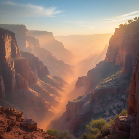 A sweeping view of a vast canyon at sunset, with layers of rock formations receding into the distance. The low sun casts a warm, golden, and hazy light through the canyon, creating a sense of depth and atmosphere. The cliffs are a mix of reddish-brown and orange hues, with sparse green vegetation clinging to their edges. The sky transitions from a soft blue at the top to a warm, glowing orange near the horizon.の素材