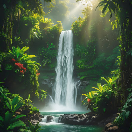 A majestic waterfall plunges down a rocky cliff face into a clear, turquoise pool. The scene is enveloped by dense, vibrant green tropical foliage, with large leaves and exotic plants framing the cascading water. Sunlight streams through the canopy, creating dramatic rays of light that illuminate the mist rising from the water. The surrounding rocks are covered in moss, adding to the untouched, natural beauty of this serene jungle landscape.の素材