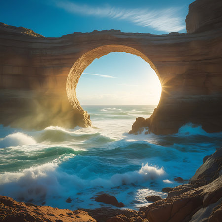 Rocky showing ocean waves crashing through a natural rock arch at sunset keywords: ocean, sea, waves, crashing, water, nature, landscape, rock, arch, natural, formation, coastal, cliff, sunlight, sunset, golden hour, sky, clouds, spray, mist, foam, blue, turquoise, brown, rocky, shore, dramatic, scenic, view, horizon, travel, destination, beauty, serene, powerful, majestic description: a dramatic natural rock arch frames a view of the ocean where powerful waves crash against the shore....の素材