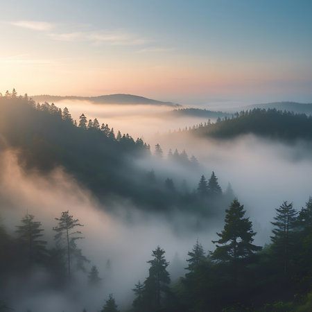 A breathtaking view of a misty mountain valley at sunrise. Thick fog blankets the lower parts of the valley, obscuring the ground and creating ethereal layers. Tall pine trees emerge from the mist, their dark green silhouettes contrasting with the soft, warm light of the rising sun. The sky transitions from a soft pink to a pale blue, with subtle clouds.の素材