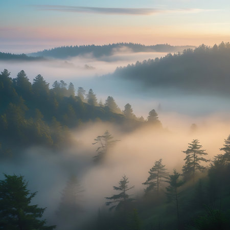 A captivating view of a forest valley filled with mist at sunrise. Sunbeams pierce through the fog, illuminating patches of the dense pine forest. The rolling hills are layered with mist, creating a sense of depth and mystery. The sky transitions through soft pastel colors, and the overall atmosphere is serene and ethereal.の素材