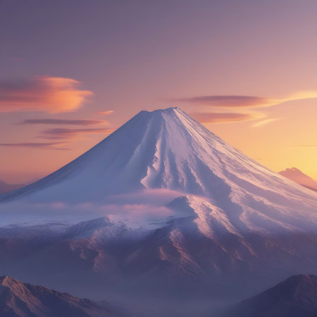 The prominent snow-capped summit of Mount Fuji is partially obscured by soft, ethereal mist and clouds. The sky above displays a beautiful gradient of pastel colors, transitioning from soft pinks and oranges to a gentle purple. Lower, hazy mountain ranges create a layered effect in the foreground, contributing to the serene and majestic atmosphere.の素材