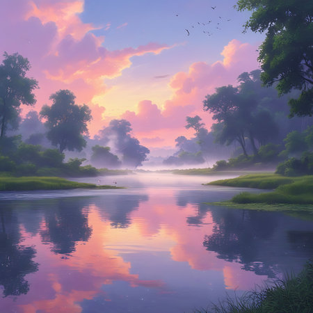 A serene river meanders through a lush green landscape at dawn. The sky is painted with vibrant pastel clouds in shades of pink and purple, their reflections shimmering on the water's surface. A soft mist hangs over the river and the surrounding trees, creating an ethereal and peaceful atmosphere. Birds are scattered across the sky, enhancing the sense of natural tranquility.の素材