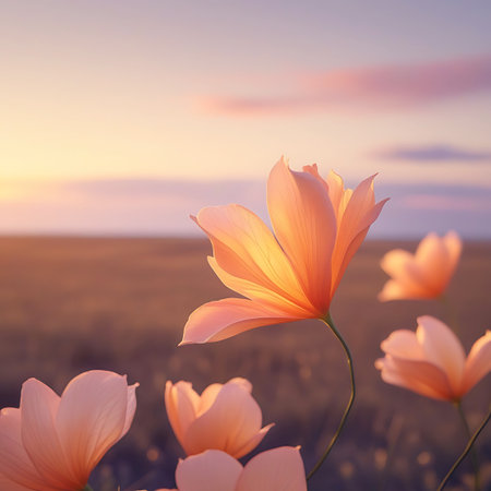A close-up of vibrant orange flowers bathed in the warm glow of golden hour light. The background features a soft sunset sky with pastel clouds and a blurred field, creating a serene and romantic atmosphere. The translucent petals of the flowers are illuminated from behind, highlighting their delicate structure.の素材