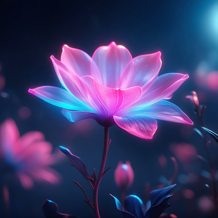 A single, luminous lotus flower glows with vibrant pink and blue light against a dark, out-of-focus background. The petals are translucent and edged with light, creating an ethereal and mystical appearance. The stem and leaves are visible, with soft bokeh effects in the background suggesting a garden at night.の素材