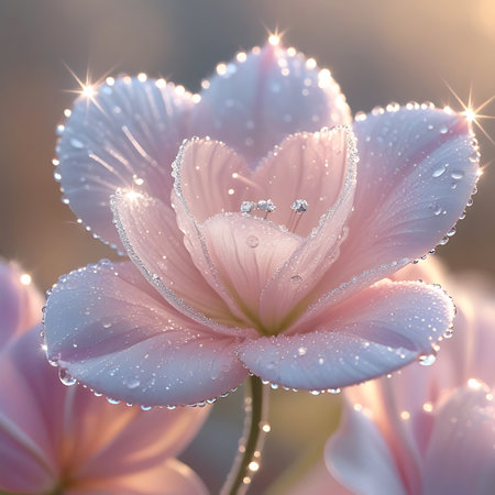 A detailed macro photograph of a pale pink flower, resembling a tulip, covered in tiny water droplets that catch the light. The petal edges are enhanced with a subtle sparkle, and prominent starbursts of light add a dreamy, magical quality. The soft, blurred background enhances the delicate and romantic feel of the bloom.の素材