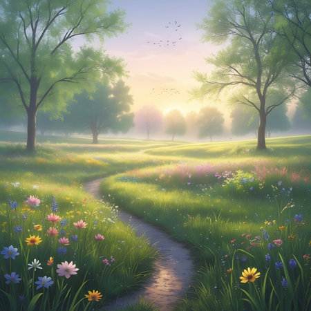 A tranquil dirt path meanders through a sun-drenched meadow abundant with colorful wildflowers and verdant green grass. Majestic trees with full foliage stand on either side, their branches allowing soft morning light to dapple the landscape. The distant horizon is bathed in a gentle, hazy glow, with a small flock of birds soaring in the soft blue sky, creating a peaceful and picturesque scene.の素材