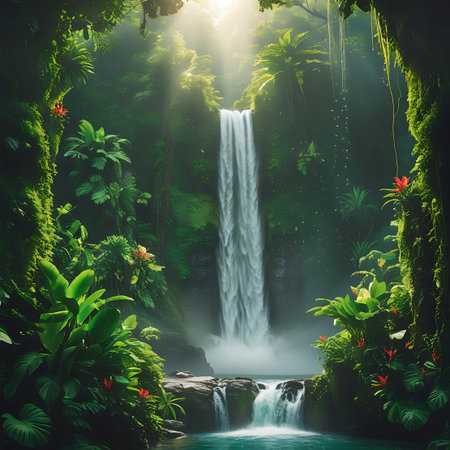 A magnificent waterfall plunges into a clear turquoise pool, surrounded by an intensely lush and vibrant jungle. Dense green foliage, moss-covered rocks, and tropical plants frame the powerful cascade. Sunbeams pierce through the canopy, illuminating the mist and spray, creating a magical and serene natural spectacle.の素材