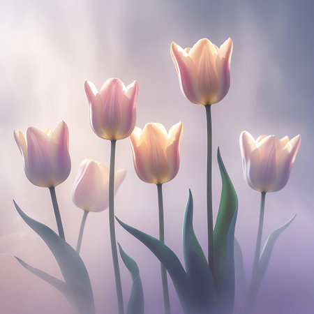 Six tulips with soft pink and white petals are illuminated by warm, golden sunlight, giving them a luminous and glowing appearance. A soft haze or mist softens the edges of the flowers and their green stems and leaves. The background is a bright, diffused light with hints of purple and blue, creating a serene and dreamy atmosphere. The light shines through the petals, enhancing their delicate texture.の素材