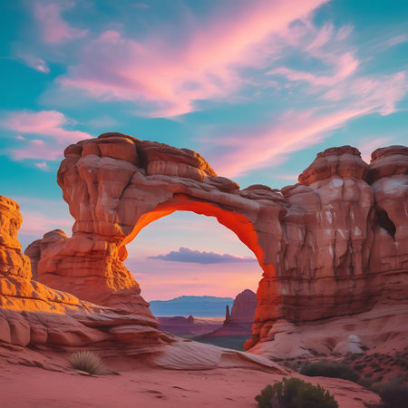 A natural sandstone arch is the central focus, its opening revealing a breathtaking desert landscape. The arch itself is sculpted by erosion, with intricate layers of rock visible. The sky is a dramatic display of color, with hues of pink, orange, and blue blending together as the sun sets. The desert floor is dotted with low-lying desert plants, and in the distance, more rock formations and mesas can be seen under the vibrant twilight sky.の素材