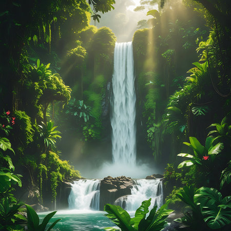 A powerful waterfall descends into a vibrant turquoise pool within a dense, lush tropical rainforest. The scene is rich with green vegetation, exotic plants, and moss-covered surfaces. Dramatic sun rays stream through the dense canopy, highlighting the mist and spray rising from the cascading water, creating a breathtaking and tranquil natural environment.の素材