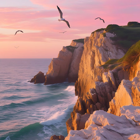 Seagulls are captured in mid-flight against a soft pink sky as the sun sets. The scene features rugged, sun-kissed cliffs overlooking a turquoise ocean with white-tipped waves. The light highlights the textures of the rocks and the movement of the water.の素材