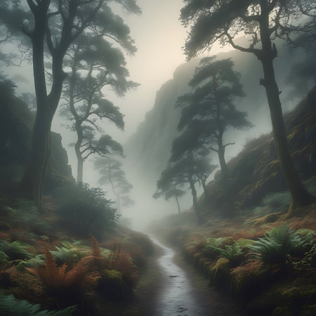 A gentle, winding path leads into a misty valley, framed by towering, ancient trees. The fog creates a soft, ethereal atmosphere, blurring the distant landscape. The forest floor is carpeted with vibrant green ferns and moss, interspersed with brown earth. Dappled light filters through the mist, illuminating the scene with a serene and tranquil glow.の素材