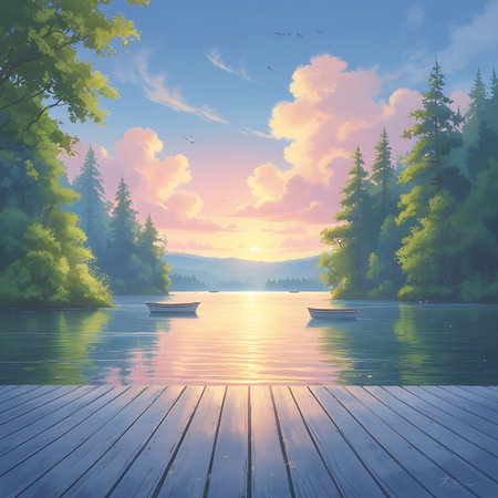 A serene lake at sunrise, with a wooden pier extending into the water in the foreground. The calm water reflects the soft yellow and pink hues of the dawn sky, which is dotted with fluffy clouds. Green trees surround the lake, and a few small boats are anchored in the distance.の素材