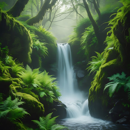 A picturesque waterfall flows over mossy rocks within a dense, green forest. Shafts of sunlight pierce the foliage, casting a soft glow on the scene. Abundant ferns and lush mosses adorn the rocky outcrops and tree trunks, contributing to the tranquil and untouched atmosphere of this natural sanctuary.の素材