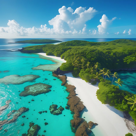 This image presents a breathtaking aerial view of a secluded tropical island. The vibrant blue ocean surrounds a white sand beach, bordered by dense, green foliage and tall palm trees. Submerged coral reefs are visible in the shallow, clear waters, with a vast blue sky and scattered clouds overhead.の素材