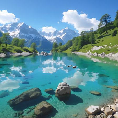 This image captures a tranquil alpine lake with incredibly clear, turquoise water. The water's surface acts as a mirror, reflecting the dramatic snow-capped mountains, rolling green hills, and scattered white clouds against a vivid blue sky. The foreground features a rocky shore with various sized pebbles and larger boulders, some of which are partially submerged in the crystal-clear water. Patches of green vegetation and trees are visible on the slopes, creating a picturesque and peaceful...の素材