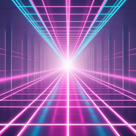 A vibrant retro-futuristic tunnel rendered with a glowing neon grid. The grid lines are in bright pink and cyan, converging towards a brilliant white light source at the vanishing point. The floor and walls reflect the neon glow, creating an immersive and energetic digital landscape. The perspective emphasizes depth and a sense of infinite space.の素材