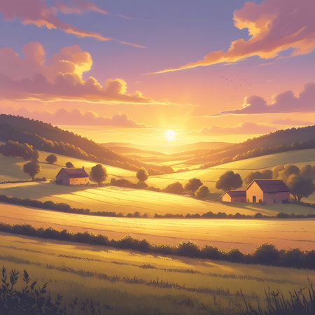 A stunning rural valley at sunset, illuminated by the bright golden sun. Rolling hills are divided into fields, showcasing the beauty of agricultural land. Farmhouses with warm roofs are visible among scattered trees. The sky is a canvas of warm oranges and yellows, with dramatic, textured clouds and a few birds flying in the distance, creating a peaceful and idyllic scene.の素材