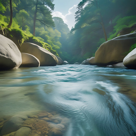 A wide, clear river rushes through a lush forest canyon. Sunlight filters through the dense green canopy of trees, creating dappled light on the water's surface and the large, smooth boulders that line the riverbanks. The water is transparent, revealing the rocky riverbed below. The current is strong, creating ripples and a sense of movement. The scene is serene and untouched, showcasing the raw beauty of nature.の素材