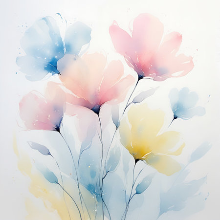 An artistic watercolor depiction of a bouquet of pastel-colored flowers in shades of pink, yellow, and blue. The flowers have soft, translucent petals and are supported by thin, delicate stems and leaves. Subtle watercolor splatters and a light, airy feel contribute to the overall gentle and graceful aesthetic. The composition is set against a clean white background.の素材