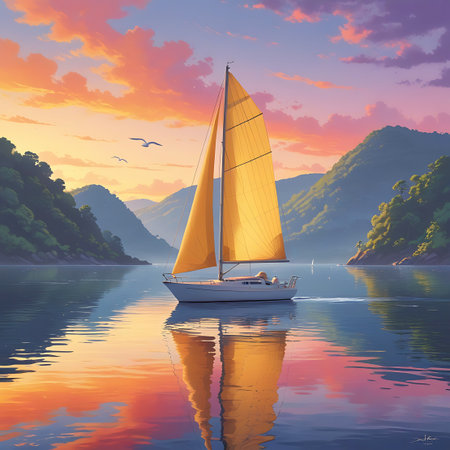 A white sailboat with a vibrant yellow sail glides across a calm body of water. The water perfectly reflects the dramatic sunset sky, painted with hues of orange, pink, and yellow, as well as the surrounding lush green mountains. Two birds fly in the distance, adding to the serene and picturesque scene of a peaceful journey at dusk.の素材